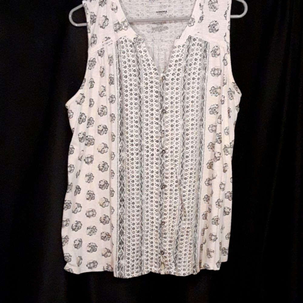 Sonoma Women's Sleeveless Top, Large, White with Black Design and Flowers